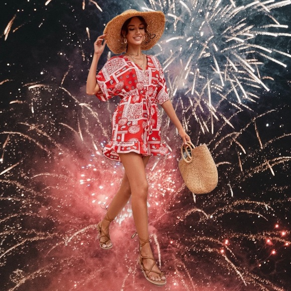 New Boho Red & White Scarf Print Batwing Sleeve Knot Front Ruffle Hem Romper - Picture 11 of 12